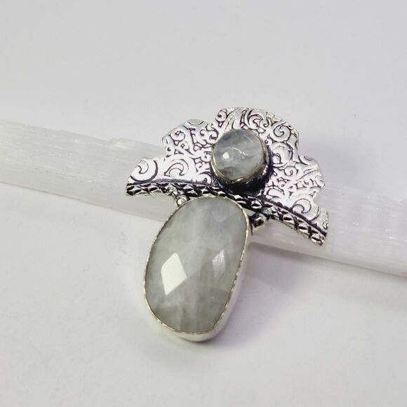 Rainbow Moonstone Crescent Moon Silver Plated Antique Style Pendant Size 1.6" - Picture 4 of 5
